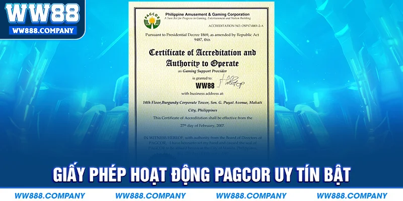 WW88 sở hữu giấy phép hoạt động Pagcor uy tín